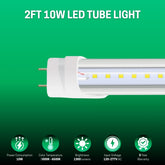 2FT 10W LED tube light on a green background with specifications listed below.
